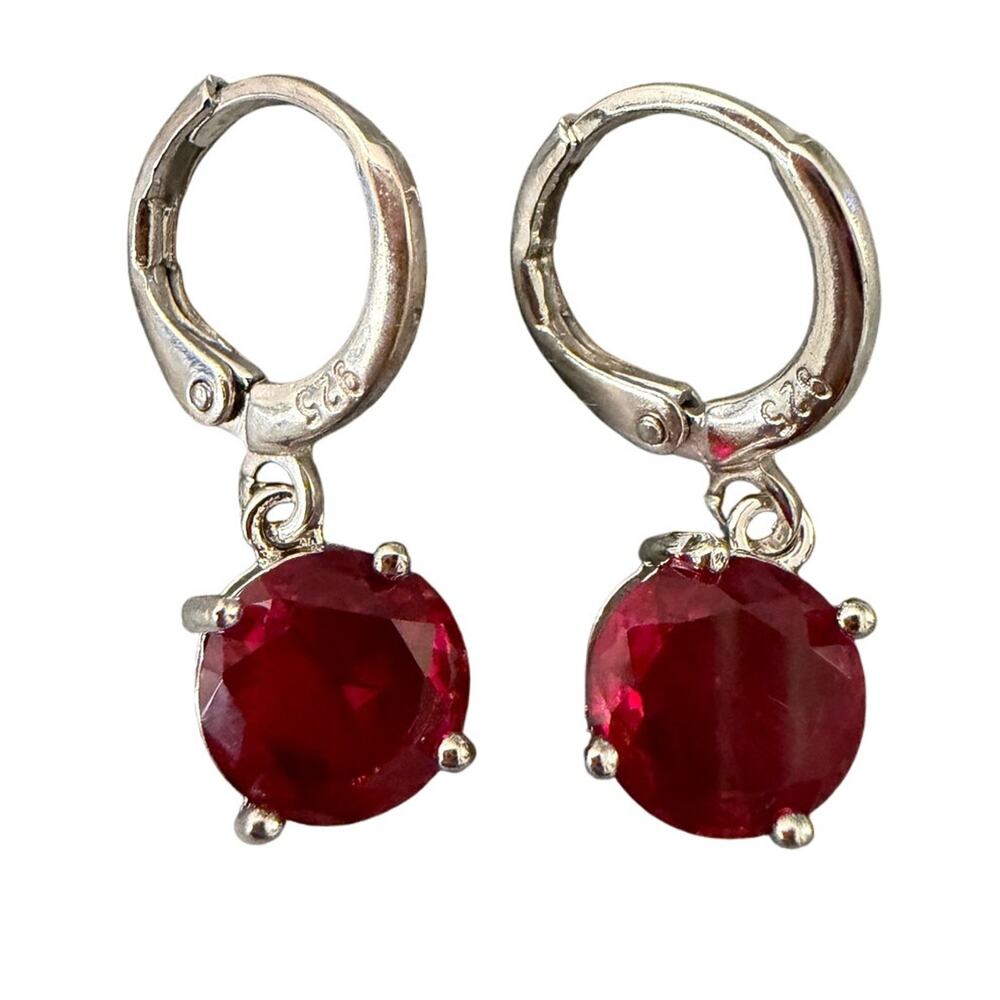 925 stamp Color silver Ruby Red CZ Drop Earring Sterling Lever-Backs